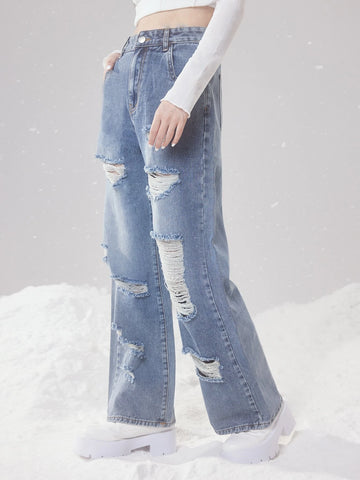 ROMWE Fairycore High Waist Ripped Straight Leg Jeans