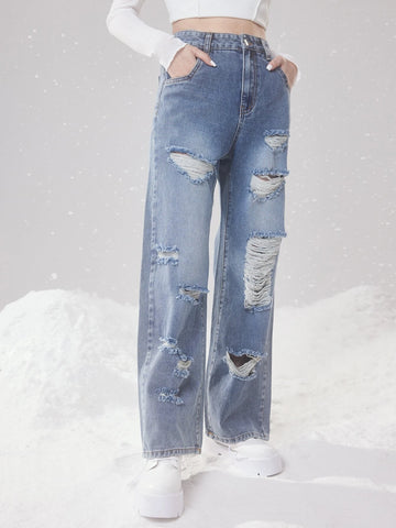 ROMWE Fairycore High Waist Ripped Straight Leg Jeans