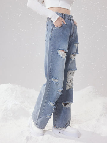 ROMWE Fairycore High Waist Ripped Straight Leg Jeans