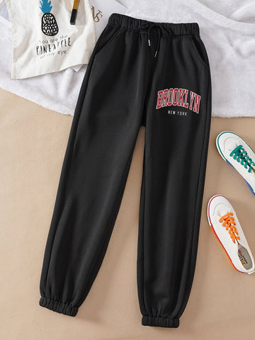 Letter Graphic Drawstring Waist Thermal Lined Sweatpants