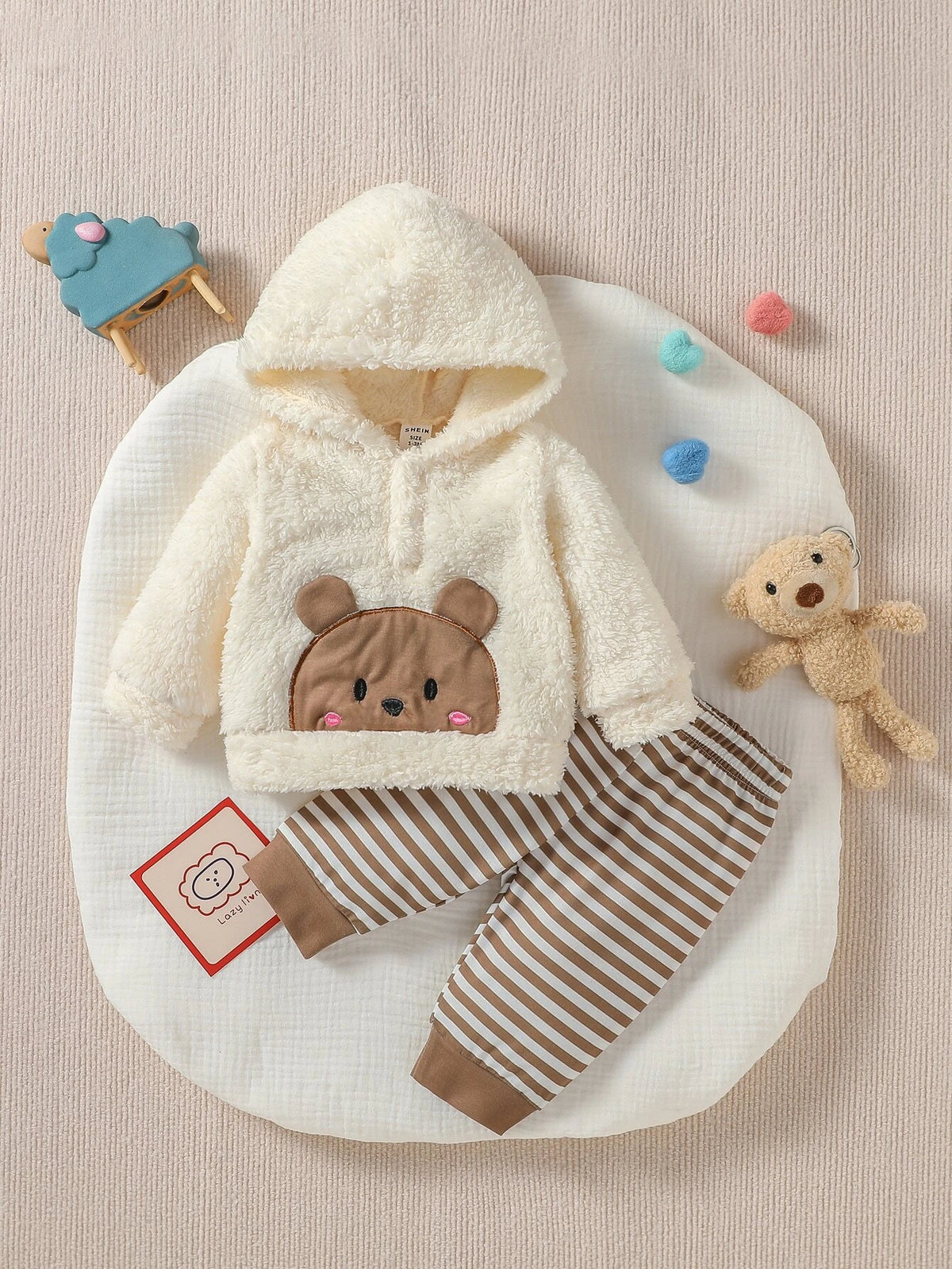 Newborn Baby Cartoon Embroidery Flannel Hoodie & Striped Pants