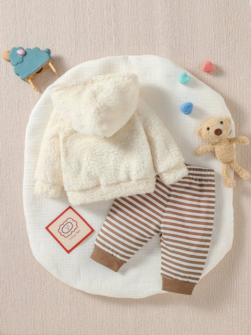 Newborn Baby Cartoon Embroidery Flannel Hoodie & Striped Pants