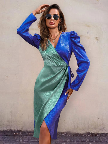 Puff Sleeve Wrap Knot Side Dress