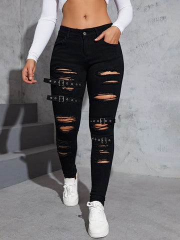 Grommet Buckle Detail Ripped Skinny Jeans