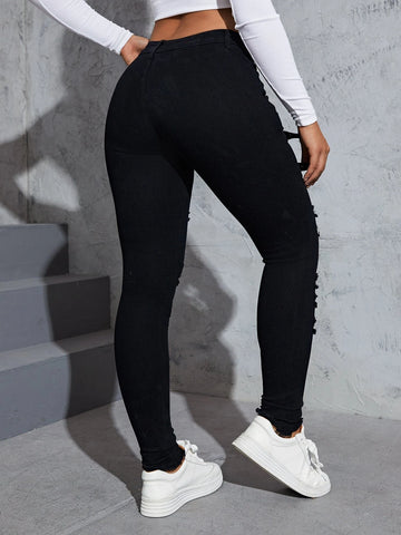 Grommet Buckle Detail Ripped Skinny Jeans