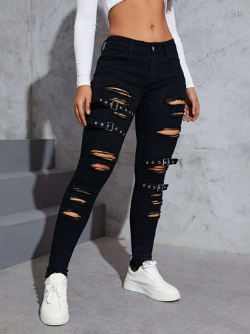 Grommet Buckle Detail Ripped Skinny Jeans