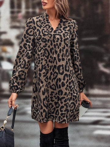 Leopard Print Notched Neckline Dress