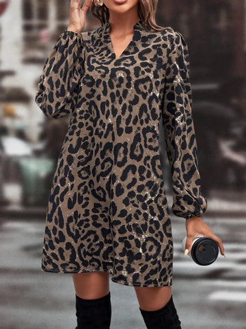 Leopard Print Notched Neckline Dress