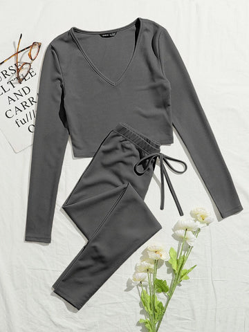 V-neck Rib-knit Solid Tee and Knotted Waist Leggings Set