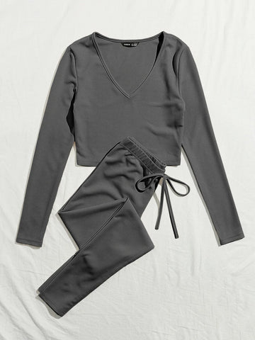 V-neck Rib-knit Solid Tee and Knotted Waist Leggings Set