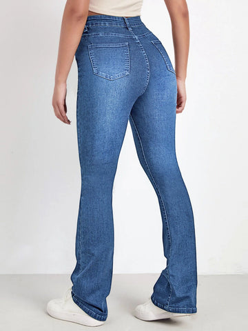 High Waist Bleach Wash Flare Leg Jeans