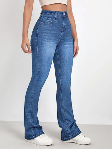 High Waist Bleach Wash Flare Leg Jeans