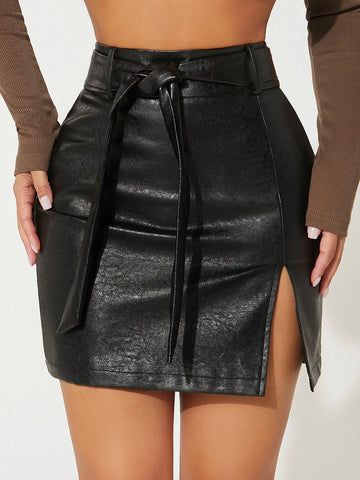 PETITE Split Hem Belted PU Leather Skirt