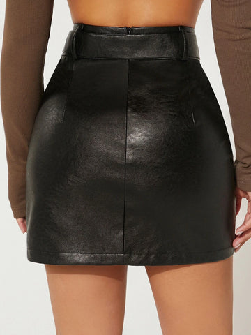 PETITE Split Hem Belted PU Leather Skirt