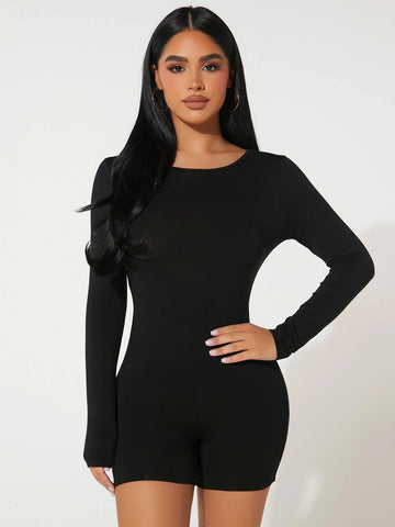 PETITE Solid Backless Unitard Romper