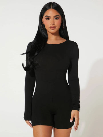 PETITE Solid Backless Unitard Romper