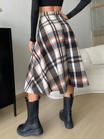 High Waist Plaid Flare Skirt