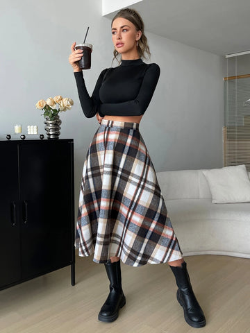 High Waist Plaid Flare Skirt