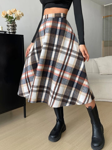 High Waist Plaid Flare Skirt