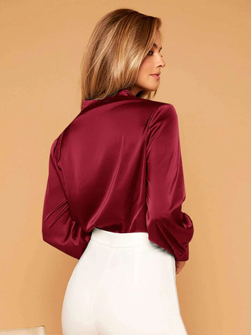 Felegant V-neck Lantern Sleeve Satin Blouse