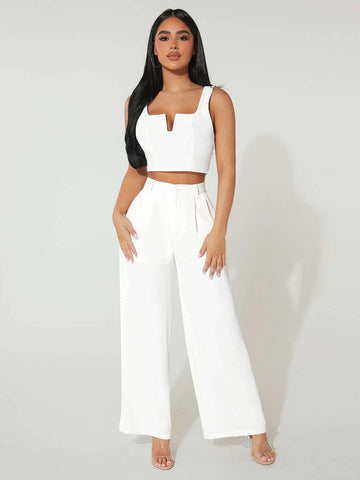 PETITE Notched Neck Crop Tank Top & Wide Leg Pants