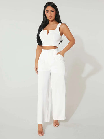 PETITE Notched Neck Crop Tank Top & Wide Leg Pants