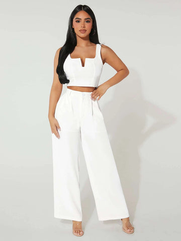 PETITE Notched Neck Crop Tank Top & Wide Leg Pants