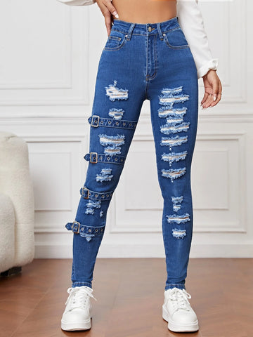 Ripped Grommet Eyelet Buckled Jeans