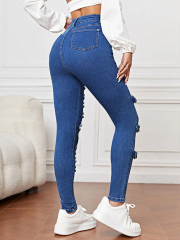 Ripped Grommet Eyelet Buckled Jeans