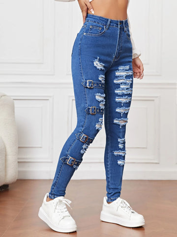 Ripped Grommet Eyelet Buckled Jeans