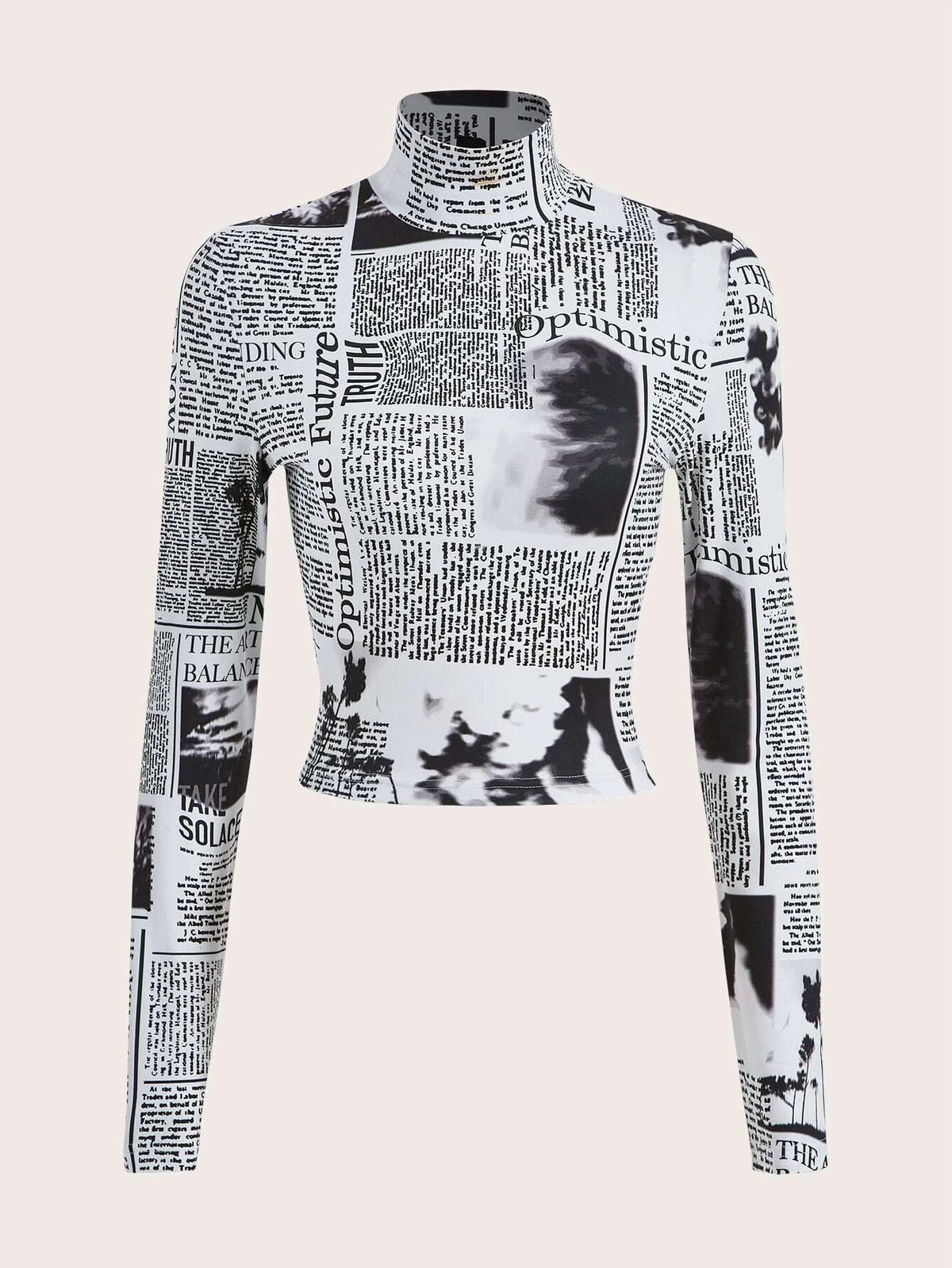 Newspaper Print Mock Neck Crop Tee