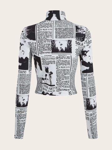 Newspaper Print Mock Neck Crop Tee
