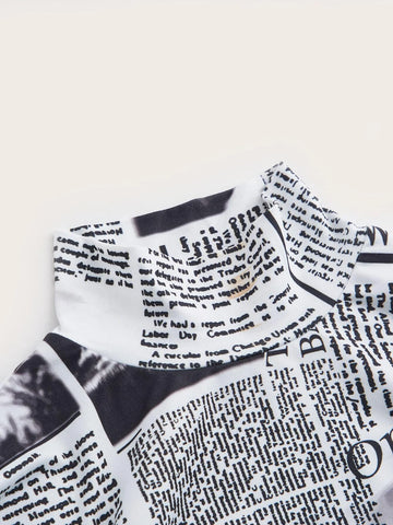 Newspaper Print Mock Neck Crop Tee