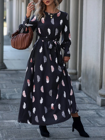 Feather Print Lantern Sleeve Belted Dress
