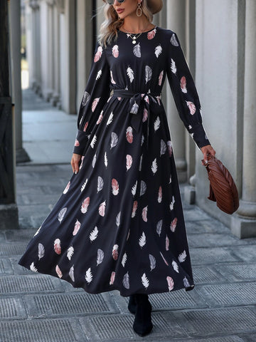 Feather Print Lantern Sleeve Belted Dress