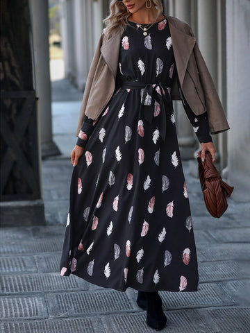 Feather Print Lantern Sleeve Belted Dress