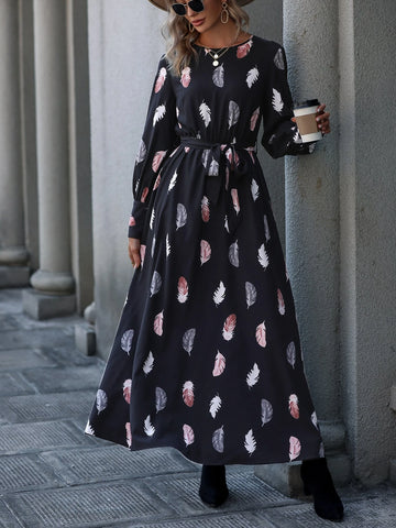 Feather Print Lantern Sleeve Belted Dress