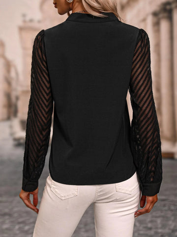 Notched Neckline Contrast Mesh Blouse