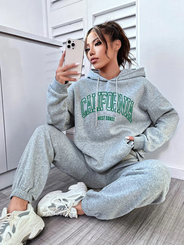 Letter Graphic Drop Shoulder Drawstring Hoodie & Sweatpants