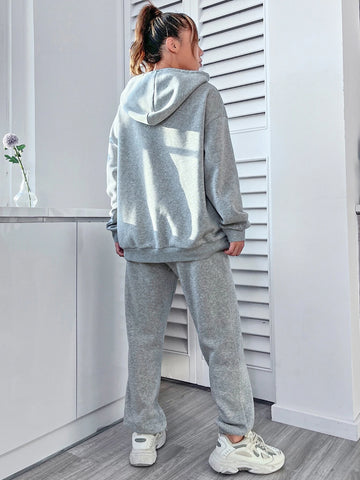 Letter Graphic Drop Shoulder Drawstring Hoodie & Sweatpants