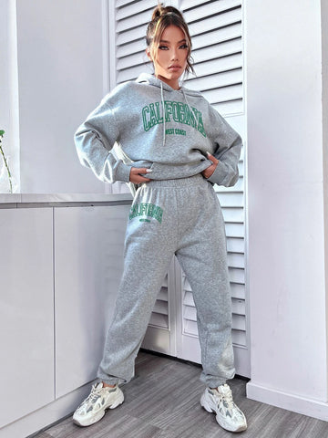 Letter Graphic Drop Shoulder Drawstring Hoodie & Sweatpants