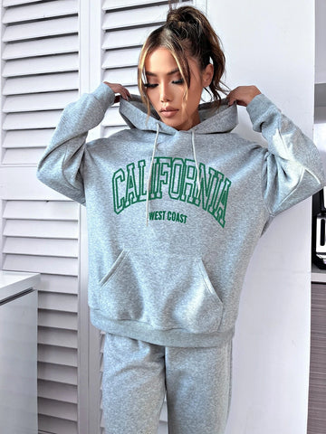 Letter Graphic Drop Shoulder Drawstring Hoodie & Sweatpants