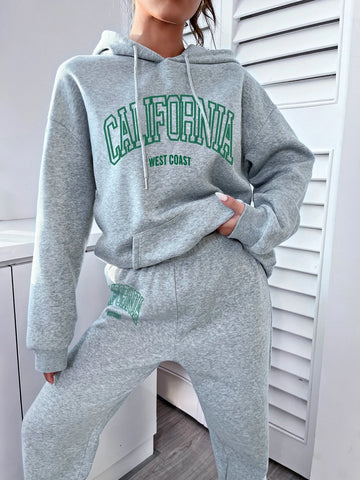 Letter Graphic Drop Shoulder Drawstring Hoodie & Sweatpants