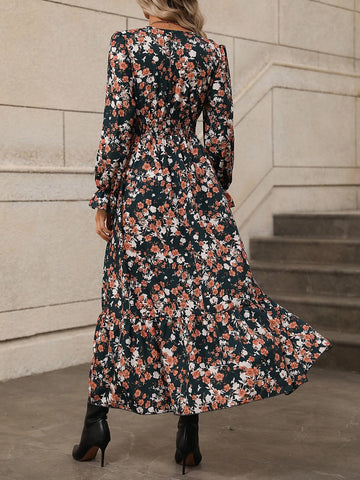 Allover Floral Print Flounce Sleeve Overlap Collar Ruffle Hem Dress