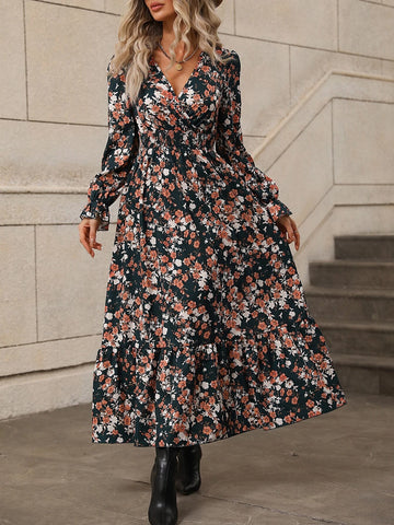 Allover Floral Print Flounce Sleeve Overlap Collar Ruffle Hem Dress
