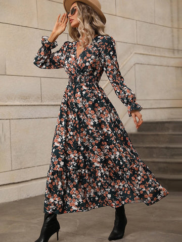 Allover Floral Print Flounce Sleeve Overlap Collar Ruffle Hem Dress