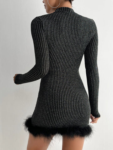 Mock Neck Fuzzy Hem Bodycon Dress