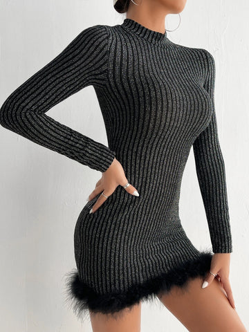 Mock Neck Fuzzy Hem Bodycon Dress
