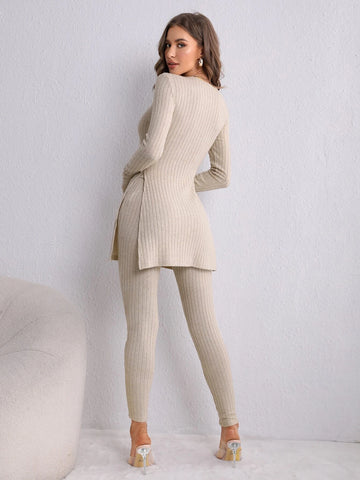 Solid Rib Knit Split Hem Tee & Leggings