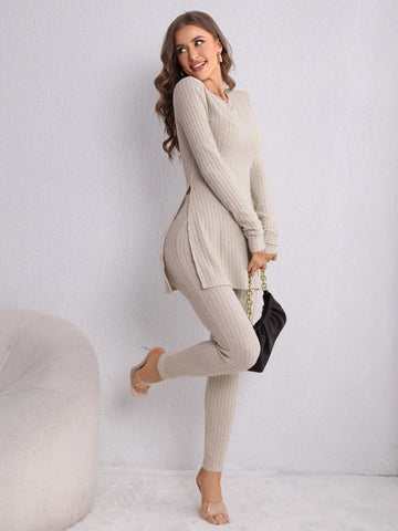 Solid Rib Knit Split Hem Tee & Leggings
